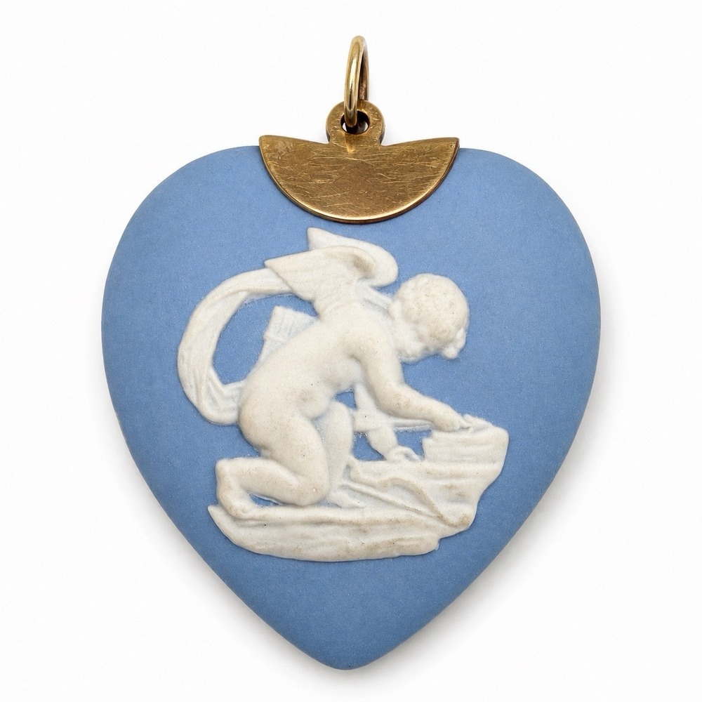Vintage Wedgwood Blue Jasperware Heart Pendant Cupid Cherub 1.5" Made England